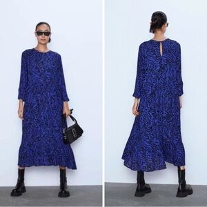 Zara Blue and Black Animal Print Maxi Dress